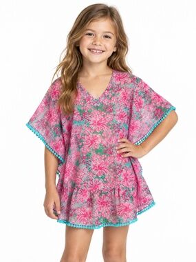 Classic Whimsy Girls Pink Green Floral Caftan Cover Up Size 7/8
